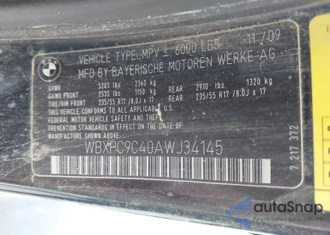 2010 BMW X3 xDrive30I z USA, uszkodzony, nr VIN WBXPC9C40AWJ34145